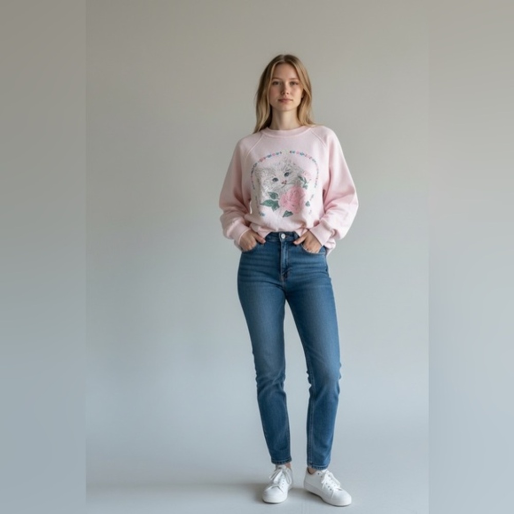 Vintage Pale Pink San Francisco Sweatshirt with Cat and Floral Design Medium